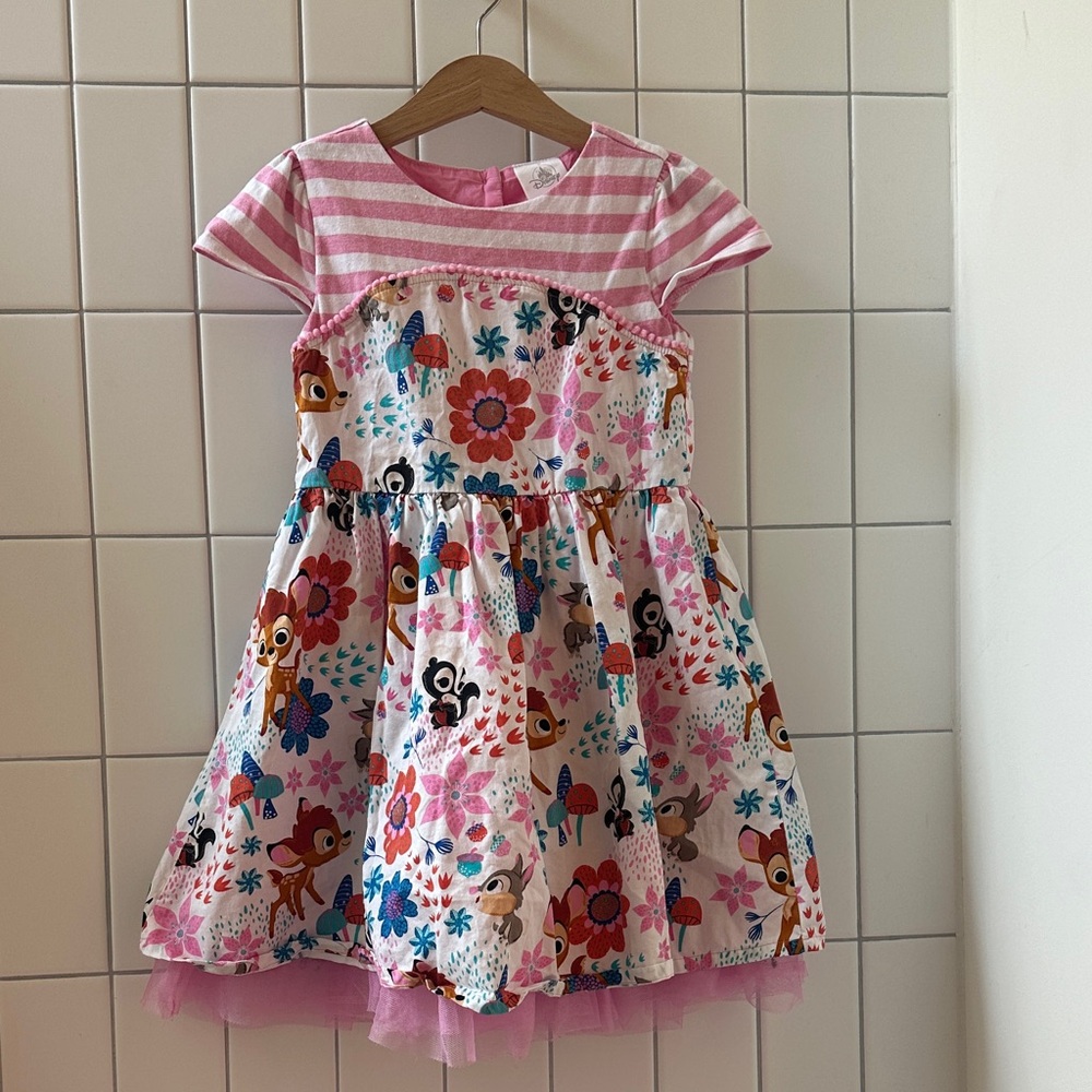 Disney Pink Striped Bodice Floral & Character Print Dress